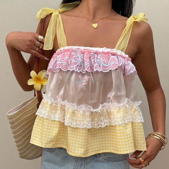 Boho Women's Vacation Plaid multi print Lace Splicing Camisole top - Picture 1 of 7